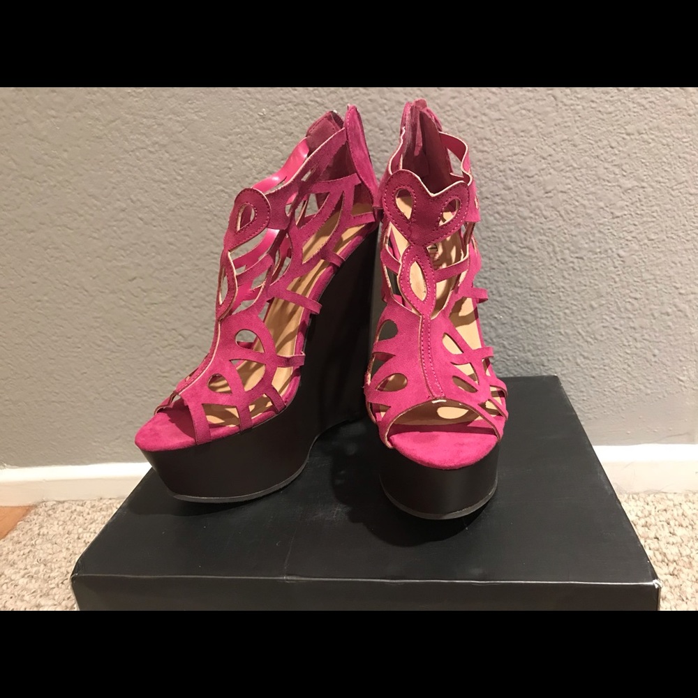 hot pink suede cut out and “wood” base wedges